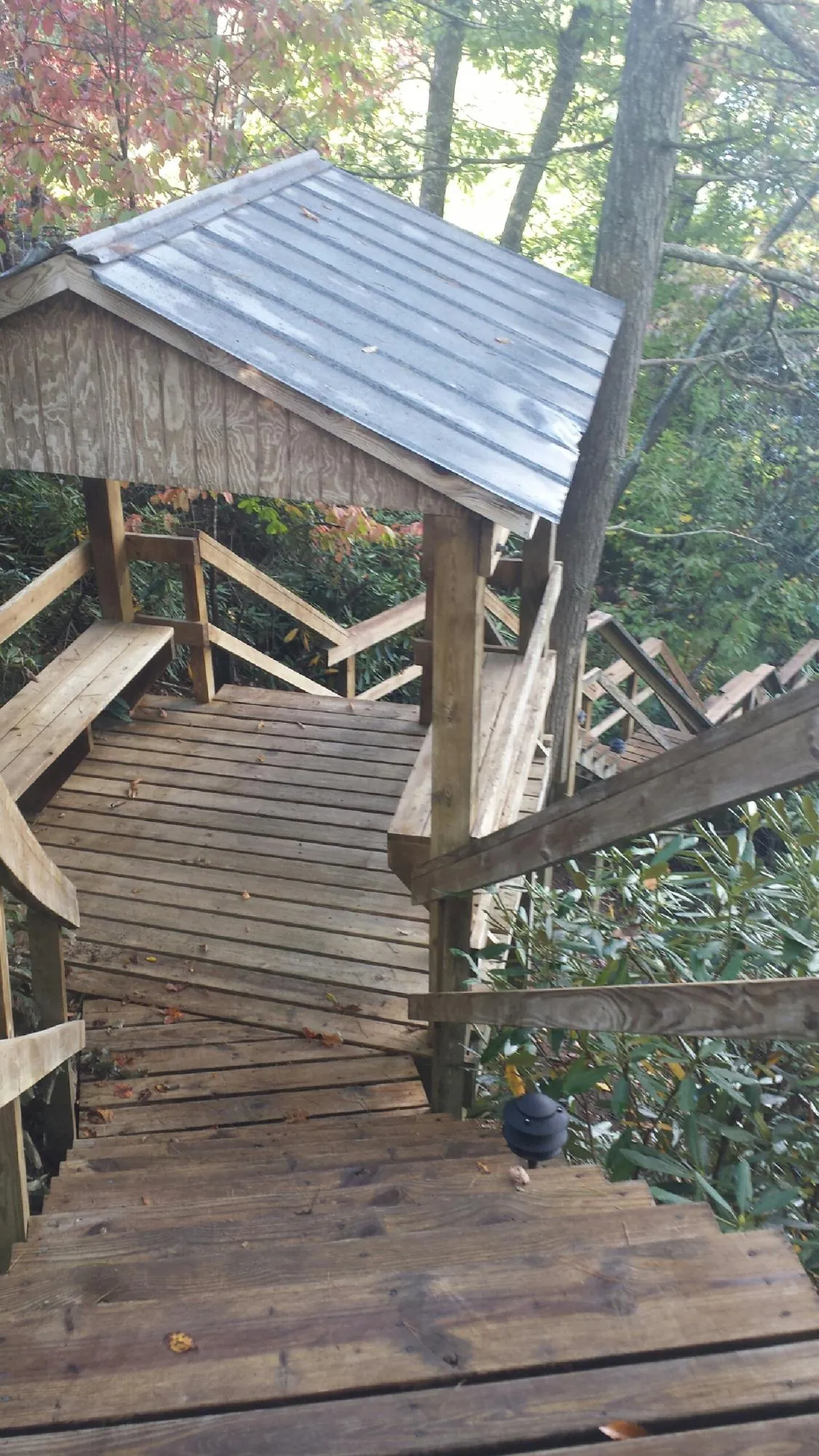 Metal roofed shelter over wooden steps on a wooded walkway — Skylight Repair & Installation work by our crew in Olga